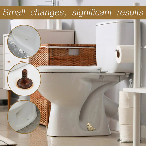Two Pack Gold Bird Toilet Bolt Covers Decorative Screw Caps Glossy Finish protecting rusty hardware in a modern bathroom setting.
