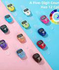 Top Shelf 24 Pack Electronic Finger Counters Featuring Nifty Bright Numeric Display Rings Built For Coaches Scorekeepers Or Hassle Free Point Tracking At Golf Courses School Fields And Fishing Trips, in 12 vibrant colors on a blue and pink background.