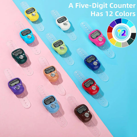 Top Shelf 24 Pack Electronic Finger Counters Featuring Nifty Bright Numeric Display Rings Built For Coaches Scorekeepers Or Hassle Free Point Tracking At Golf Courses School Fields And Fishing Trips, in 12 vibrant colors on a blue and pink background.