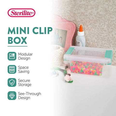 12 Pack Clip Box Stackable Clear Plastic Storage Bins With Latching Lids For Small Items Organization At Home, Office, Classroom, Crafts And Workshop Spaces, filled with craft supplies on a table.