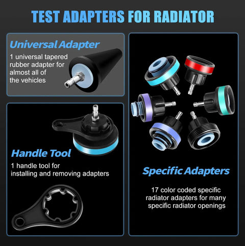 All In One Radiator Pressure Leak Tester And Vacuum Cooling System Purge Kit adapters including universal and specific pieces