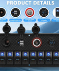 8 Gang Marine Rocker Switch Panel With Waterproof Boat Switches 12V DC Power Hub LED Voltmeter USB 3.1A Charger Lighter Socket