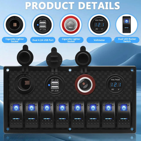 8 Gang Marine Rocker Switch Panel With Waterproof Boat Switches 12V DC Power Hub LED Voltmeter USB 3.1A Charger Lighter Socket