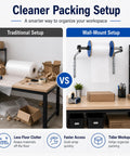 Comparison of traditional packing setup with bulky bubble wrap vs Heavy Duty Wall Mount Bubble Wrap Dispenser Built Tough Industrial Steel Roll Holder.