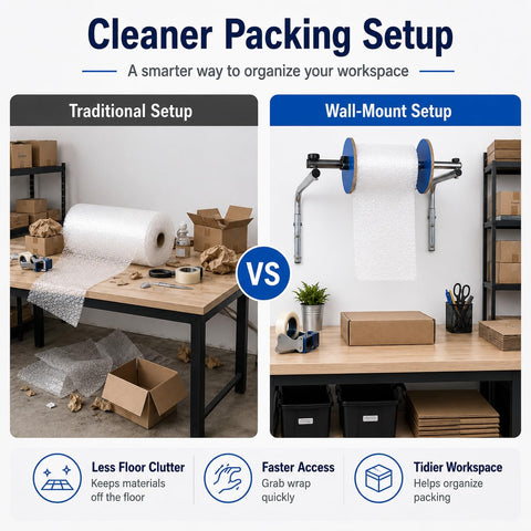 Comparison of traditional packing setup with bulky bubble wrap vs Heavy Duty Wall Mount Bubble Wrap Dispenser Built Tough Industrial Steel Roll Holder.