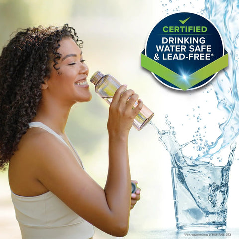 Woman drinking water from a clear bottle beside a round badge reading Certified Drinking Water Safe & Lead-Free.
