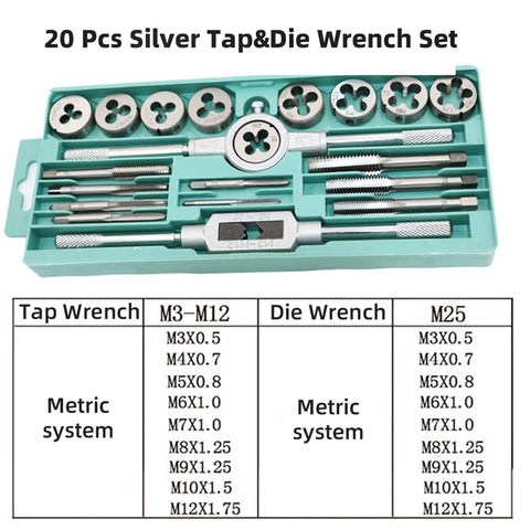 20 Piece Tap And Die Set M3 To M12 Titanium Plated Chrome Vanadium Steel For Self Tapping Screws Metalworking Hand Tools Kit Pro Grade For Precision Threading And Durable Chrome Vanadium Construction For Long Lasting Use, metric tap and die set in case