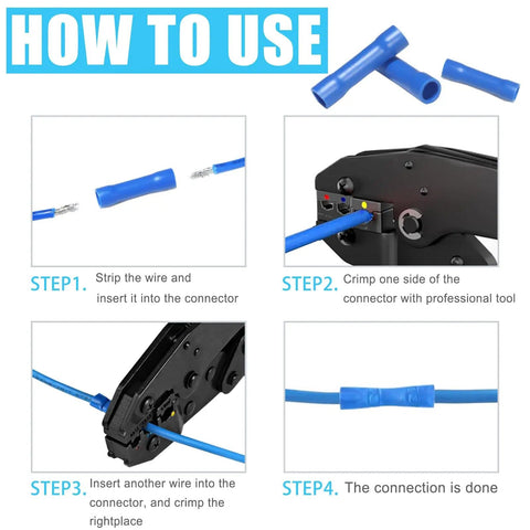 Step-by-step guide using 90 Pcs Butt Splice Connectors Kit For 22 10 AWG Wires Pro Grade Electrical Crimp Terminals.