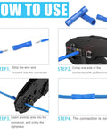 Step-by-step guide for Ultimate 220 Piece Butt Splice Connectors Kit For 22 To 10 AWG Wiring, showing crimping process.