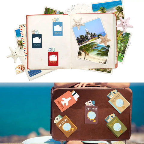 60 Pieces Travel Map Passport Cutouts With Glue Point Stickers World Travel Bulletin Board Decorations in use on suitcase and scrapbook