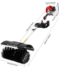 Zero Sweat Cleanup With This Gutsy 52cc Two Stroke Gas Powered Walk Behind Lawn Sweeper with nylon brush dimensions shown.