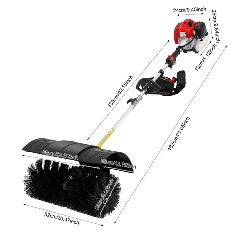 Zero Sweat Cleanup With This Gutsy 52cc Two Stroke Gas Powered Walk Behind Lawn Sweeper with nylon brush dimensions shown.