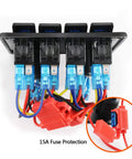 Back view of Waterproof Marine Four Gang Rocker Switch Panel with wires and 15A fuse, heavy duty ABS housing, IP68 rated.