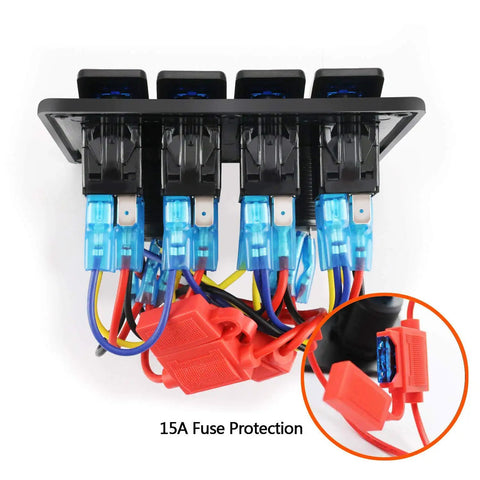 Back view of Waterproof Marine Four Gang Rocker Switch Panel with wires and 15A fuse, heavy duty ABS housing, IP68 rated.