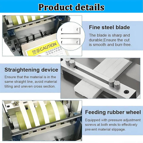 Automatic Heat Shrink Tube Cutting Machine 300W Cable Cutter showing fine steel blade and feeding rubber wheel.