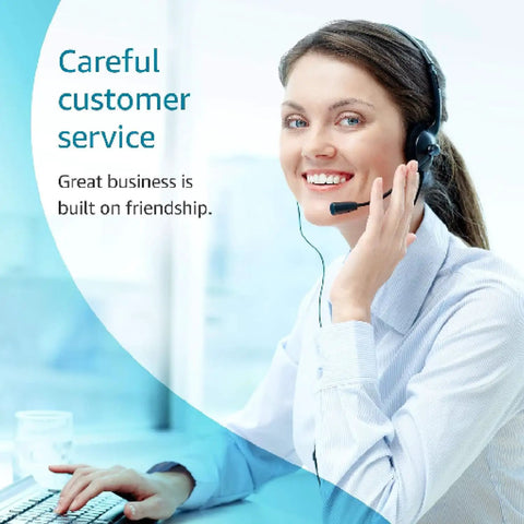 Customer service representative wearing headset at desk smiling
