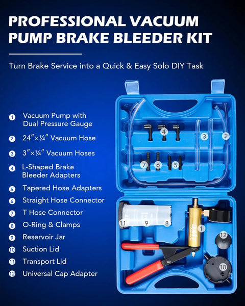 All-In-One Brake Bleeder Kit With Hand Vacuum Pump And Adapters Pressure Gauge For Bleeding Brakes And Power Steering Fluid in case