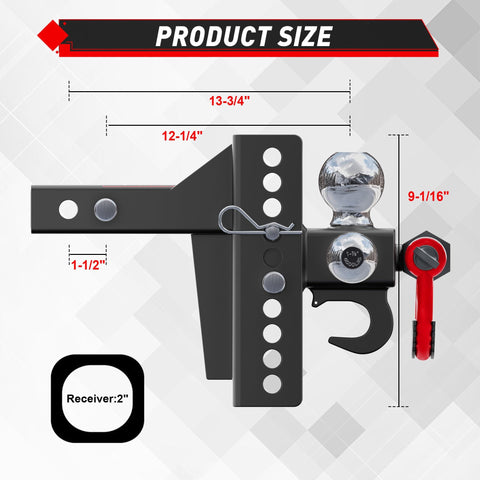Adjustable Heavy Duty Tri Ball Trailer Hitch For 2 Inch Receiver With 4.5 Inch Rise And Drop Includes One And Seven Eighths Inch, Two Inch, And Two Five Sixteenths Inch Trailer Balls Tow Hook And Shackle 10000 Lb GTW 1000 Lb TW Pin Lock And Hitch side view