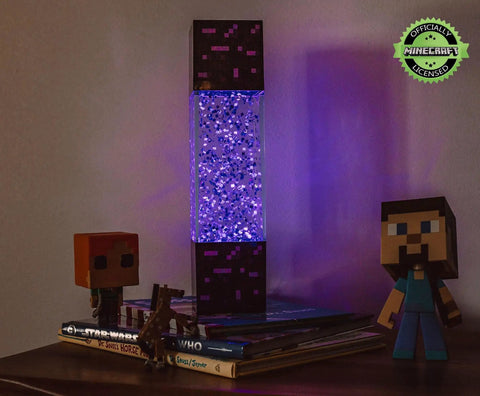 Nether Portal Glitter Motion Lamp LED Light For Desk And Nightstand, 12 Inch Mood Luminary, with Minecraft figures on a table