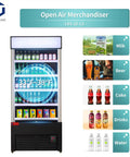 Straight Up Pro Grade Commercial Open Air Merchandiser Refrigerator Cooler With Heavy Duty Sliding Air Curtain Tech Built For Grocery Shops Liquor Stores And Chain Restaurants Featuring Clean Glass Display Front And Rock Solid Frame, showcasing beverages.