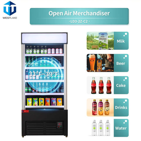 Straight Up Pro Grade Commercial Open Air Merchandiser Refrigerator Cooler With Heavy Duty Sliding Air Curtain Tech Built For Grocery Shops Liquor Stores And Chain Restaurants Featuring Clean Glass Display Front And Rock Solid Frame, showcasing beverages.