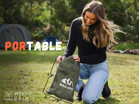 Inflatable Lounger Couch Portable Air Sofa Chair for Camping Beach Hiking packed in small olive green carry bag.