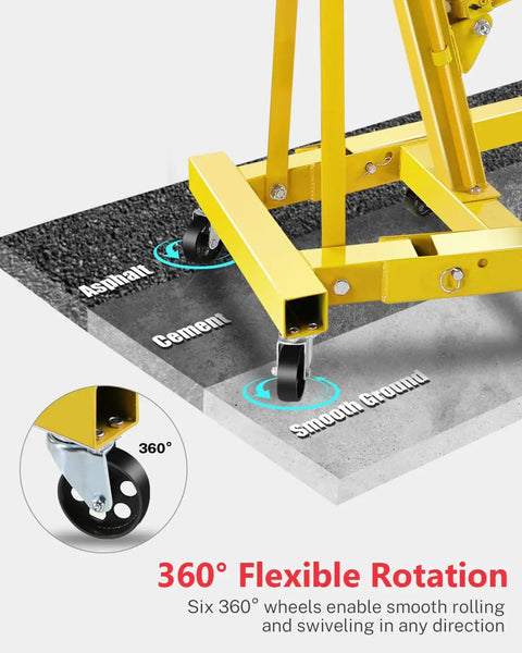 Built Tough Two Ton Hydraulic Engine Hoist Crane Featuring Rock Solid Folding Frame with six 360° swivel casters for smooth movement.