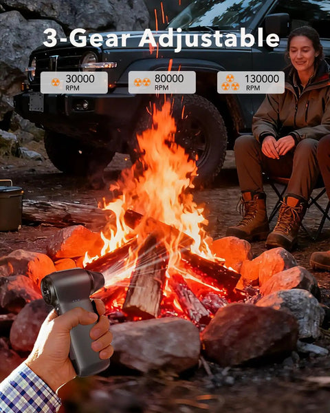 Beast Power Cordless Air Duster With 180000 RPM Turbo Airflow in hand, campfire with 3 speed mode display in background