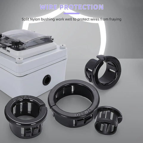DIY Friendly 50 Pack Black Snap-In Bushing Grommets for Wiring and Tubing next to electrical enclosure