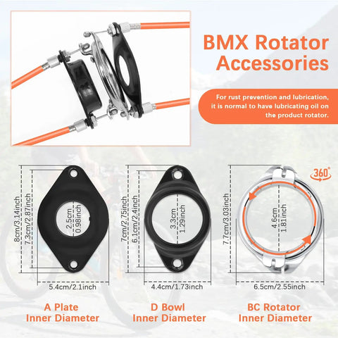 Gyro Brake Cables Kit For 20 Inch Bikes with rotator and accessories, showing orange housing and dimensions.