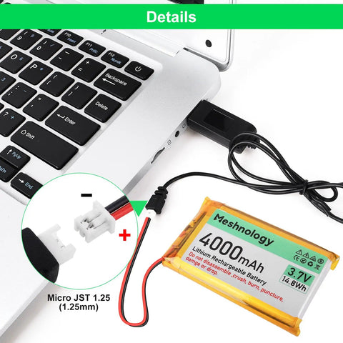 Beefy 3.7V 4000mAh LiPo Battery With USB Charger Cable 1S Protection Board next to laptop with Micro JST 1.25 Plug
