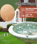 Copper Disc Bird Bath Purifier Plate With Three Point Support For Outdoor Use Keeps Water Clean Naturally Purified By Pure Copper Action 99.99 Percent Pure Copper With Patina Layer To Help Backyard Birds Stay Hydrated installed in a bird bath with floating bubbles and birds