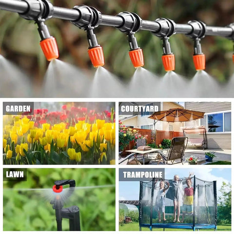 Automatic Drip Irrigation Kit For Garden With 5 Sprayers And Quarter Inch And Half Inch Tubing in various outdoor settings