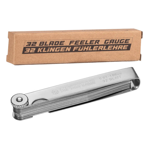 Spurtar 32‑blade stainless steel feeler gauge set with dual SAE/Metric markings for gap measurement (0.001–0.04", 0.03–1.00 mm).
