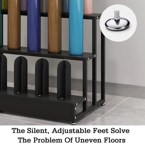 Killer Heavy Duty Storage Rack For Roll Materials With Adjustable Leveling Feet For Garage Workshops, showcasing adjustable feet fixing uneven floors.