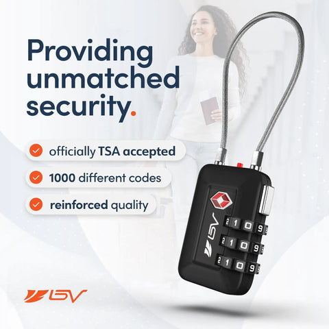 Keyless 3-Digit Travel Lock Set For Luggage And More, TSA Accepted, Black Cable Lock with Combination, 1000 Codes, Durable Design