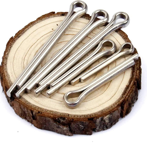 220 Count Stainless Steel Cotter Pins And Hitch Pin Clips Kit displayed on wood slice for axles trailers car repair