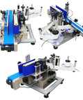 High speed automatic round bottle labeling machine with blue conveyor, designed for efficient packaging of cylindrical containers.
