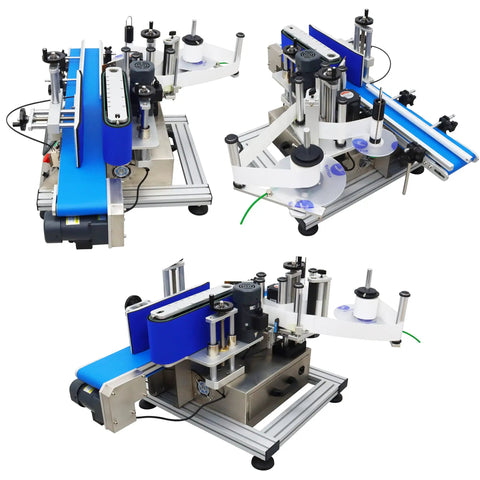 High speed automatic round bottle labeling machine with blue conveyor, designed for efficient packaging of cylindrical containers.