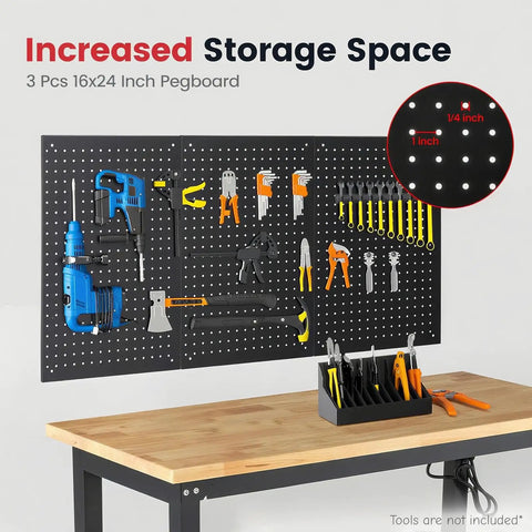 Top Shelf 48 Inch Adjustable Workbench With Thick Rubberwood Top And Knockout Steel Frame Including Pegboard Storage Rack Plus Built In Power Outlet For Weekend Woodworking