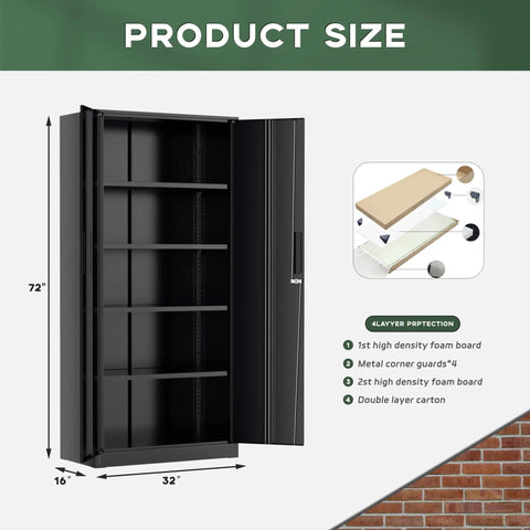 72 Inch Tall Locking Metal Garage Storage Cabinet With Doors And Four Shelves Built Tough Black Tool Steel Cabinet