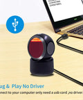 2D QR Barcode Scanner Omnidirectional Hands Free Automatic Barcode Reader connected to laptop via USB on desk