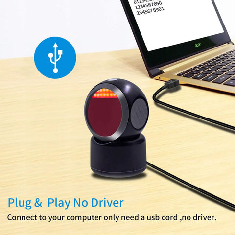 2D QR Barcode Scanner Omnidirectional Hands Free Automatic Barcode Reader connected to laptop via USB on desk