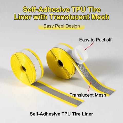 80mm Fat Bike Tire Liner Self Adhesive Inner Tube Protector showing two yellow rolls with translucent mesh and easy peel design.