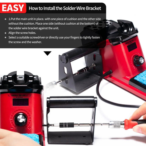 Close-up of the 110W Soldering Iron Station Kit with LED display, showing solder wire bracket installation and PID temperature control.