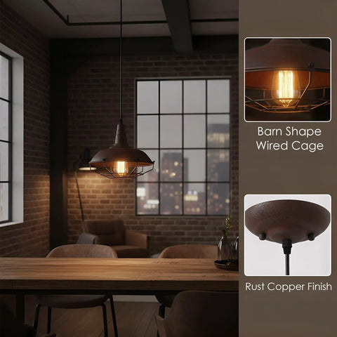Barn Style Pendant Light With Rustic Rust Finish, Industrial Wire Cage Hanging Fixture for Kitchen Island and Hallway features