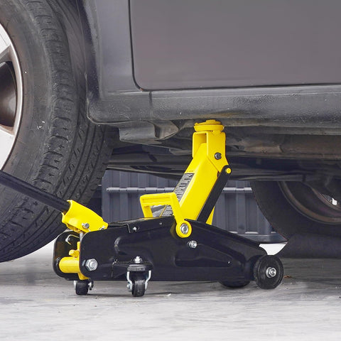 Low Profile 2 Ton Floor Jack For Cars Heavy Duty Iron Hydraulic Car Jack With Quick Lift Pump 4.9 To 13.2 Inch Lift Range Single Piston Yellow Finish lifting a vehicle