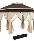 Easy Up 13 By 13 Pop Up Gazebo With Zippered Mesh Sides, Sturdy Steel Frame, Patio Backyard Event Tent, beige shade shelter, front view.
