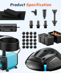 Components of Pond Filter Box With U-V Clarifier And 660GPH Fountain Pump Kit for 1180 Gal Ponds displayed on white background.