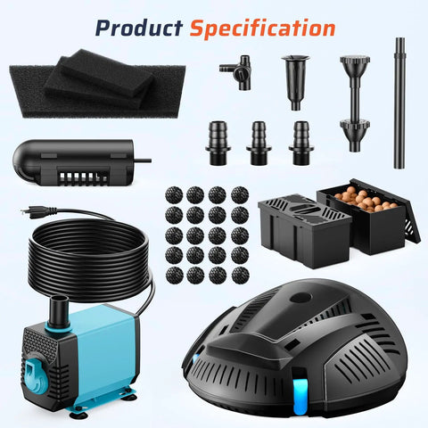 Components of Pond Filter Box With U-V Clarifier And 660GPH Fountain Pump Kit for 1180 Gal Ponds displayed on white background.